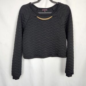 Material Girl Black Textured Scoop Neck Long Sleeve Crop Top Neck Accent Size L